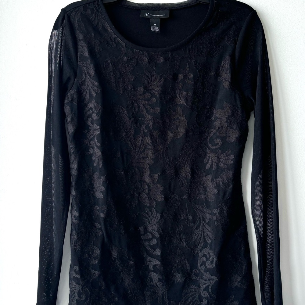 VTG INC Top Black Nylon Lace Burnout Long Sheer Sleeve Womens M Whimsigoth Y2K - Picture 4 of 9